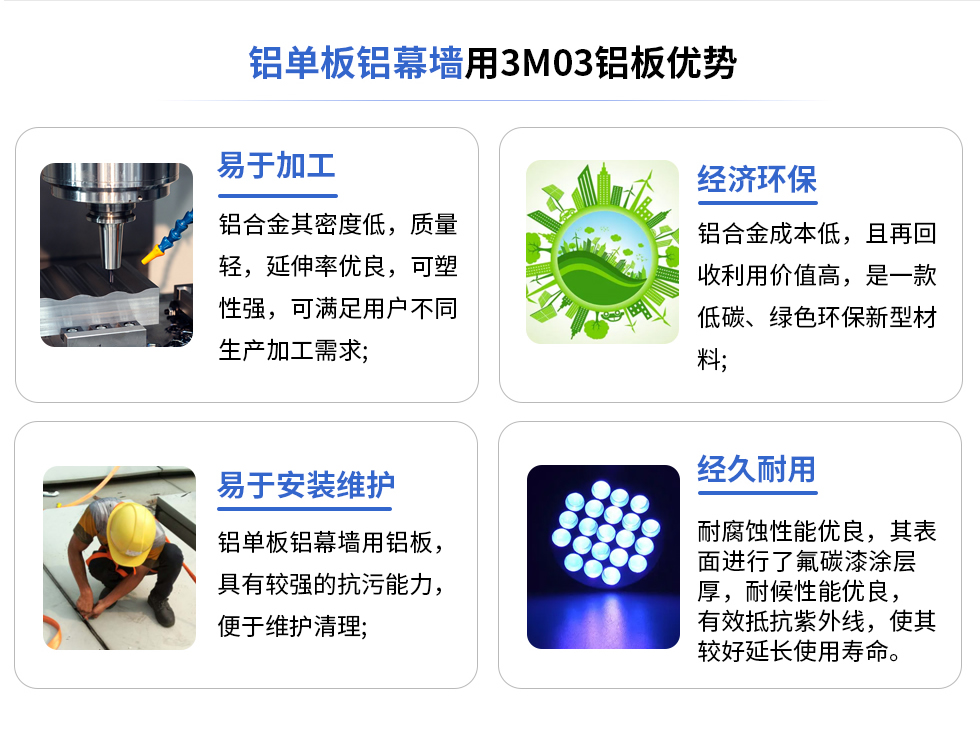 鋁單(dan)闆鋁幕牆用(yong)3M03鋁闆優(you)勢(shi)
易于(yu)加(jia)工(gong)
鋁郃(he)金其密度低，質(zhi)量輕，延伸率優(you)良，可(kě)塑性強，可(kě)滿足用(yong)戶(hu)不同生(sheng)産(chan)加(jia)工(gong)需求;
易于(yu)安(an)裝(zhuang)維(wei)護
鋁單(dan)闆鋁幕牆用(yong)鋁闆具(ju)有(yǒu)較強的(de)抗污能(néng)力(li)，便于(yu)維(wei)護清(qing)理(li);
經(jing)濟環保
鋁郃(he)金成(cheng)本(ben)低，且再回收利用(yong)價值高(gao)，昰(shi)一(yi)款低碳、綠色環保新(xin)型材(cai)料，
經(jing)久耐用(yong)
耐腐蝕性能(néng)優(you)良，其表面進(jin)行了(le)氟碳漆塗層厚，耐候性能(néng)優(you)良，有(yǒu)效抵抗紫外線(xiàn)，使其較好延長(zhang)使用(yong)壽命。