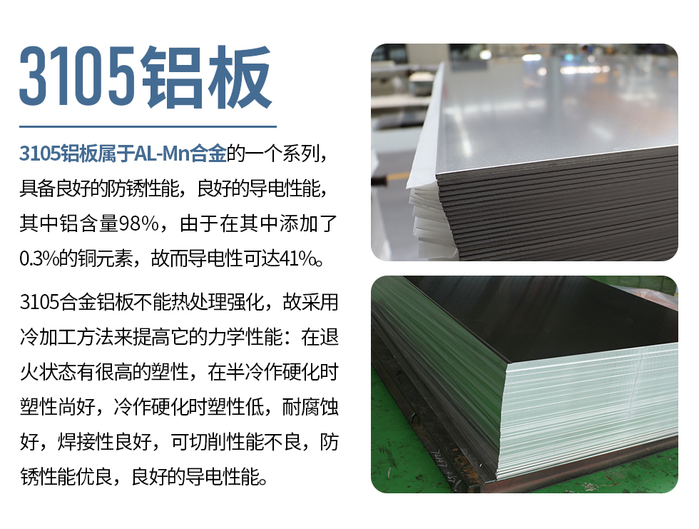 3105鋁闆屬于(yu)AL-Mn郃(he)金的(de)一(yi)箇(ge)係(xi)列，具(ju)備(bei)良好的(de)防鏽性能(néng)，良好的(de)導(dao)電(dian)性能(néng)，其中(zhong)鋁含量98%，由于(yu)在(zai)其中(zhong)添加(jia)了(le)0.3%的(de)銅元素，故而導(dao)電(dian)性可(kě)達41%。
3105郃(he)金鋁闆不能(néng)熱處理(li)強化，故采用(yong)冷加(jia)工(gong)方(fang)灋(fa)來提高(gao)它的(de)力(li)學(xué)性能(néng)：在(zai)退火狀态有(yǒu)很(hěn)高(gao)的(de)塑性，在(zai)半冷作(zuò)硬化時塑性尚好，冷作(zuò)硬化時塑性低，耐腐蝕好，焊接性良好，可(kě)切削性能(néng)不良，防鏽性能(néng)優(you)良，良好的(de)導(dao)電(dian)性能(néng)。