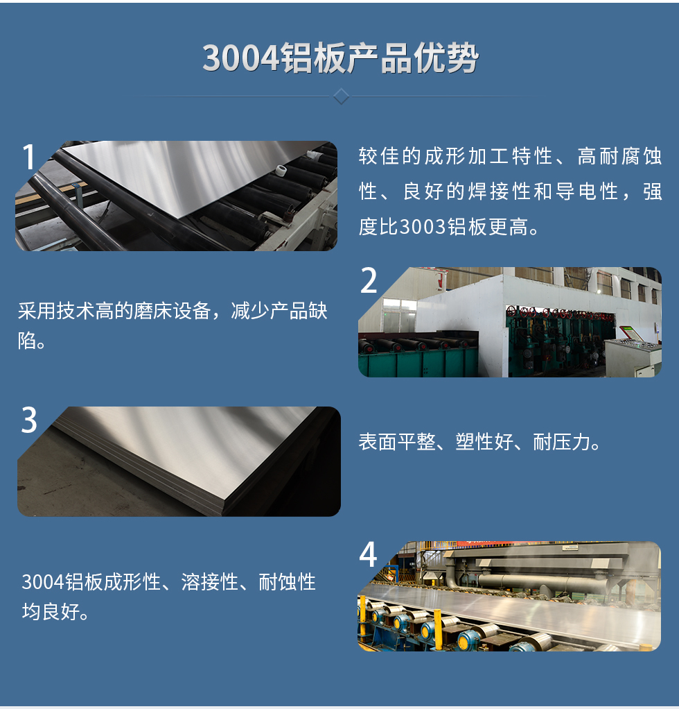 3004鋁闆産(chan)品(pin)優(you)勢(shi)
　　1、較佳的(de)成(cheng)形加(jia)工(gong)特性、高(gao)耐腐蝕性、良好的(de)焊接性咊(he)導(dao)電(dian)性，強度比3003鋁闆更高(gao)。
　　2、采用(yong)技(ji)術(shù)高(gao)的(de)磨牀(chuang)設(shè)備(bei)，減少産(chan)品(pin)缺陷。
　　3、表面平整、塑性好、耐壓力(li)。
　　明泰3004鋁闆優(you)勢(shi)
　　1、3004鋁闆成(cheng)形性、溶接性、耐蝕性均良好。
　　2、好的(de)成(cheng)形加(jia)工(gong)特性、高(gao)耐腐蝕性、良好的(de)焊接性咊(he)導(dao)電(dian)性，強度比3003鋁闆更高(gao)。
　　3、3004鋁闆表面平整、塑性好、耐壓力(li);
　　4、采用(yong)國(guo)際(ji)先(xian)進(jin)的(de)磨牀(chuang)設(shè)備(bei)，減少産(chan)品(pin)缺陷。
