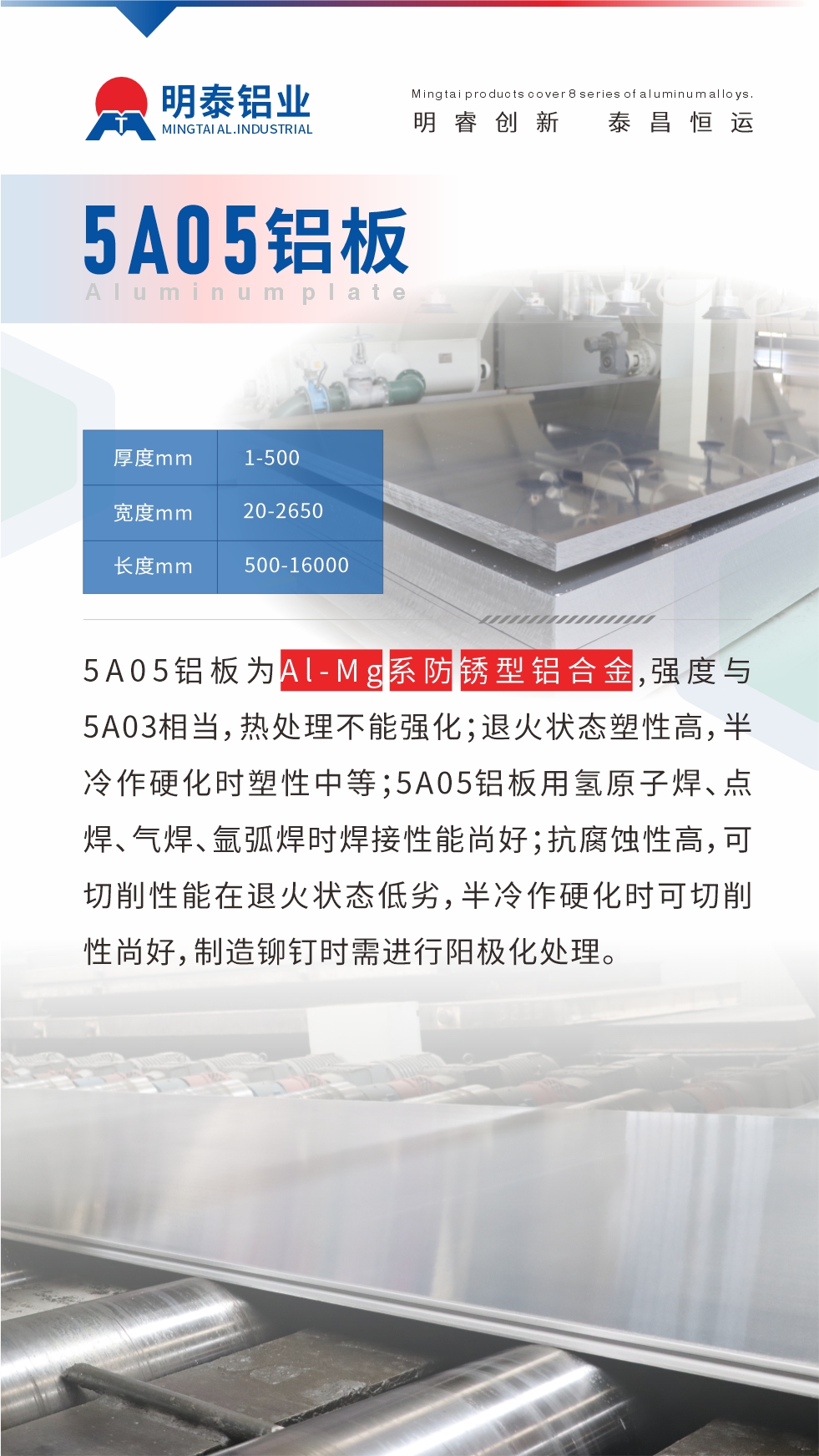5A05鋁闆爲(wei)Al-Mg係(xi)防鏽型鋁郃(he)金，,強度與5A03相當，熱處理(li)不能(néng)強化；退火狀态塑性高(gao)，半冷作(zuò)硬化時塑性中(zhong)等(deng)；5A05鋁闆用(yong)氫原子(zi)焊、點焊、氣(qi)焊、氩弧焊時焊接性能(néng)尚好；抗腐蝕性高(gao)，可(kě)切削性能(néng)在(zai)退火狀态低劣，半冷作(zuò)硬化時可(kě)切削性尚好，製(zhi)造(zao)鉚釘時需進(jin)行陽(yáng)極化處理(li)。
