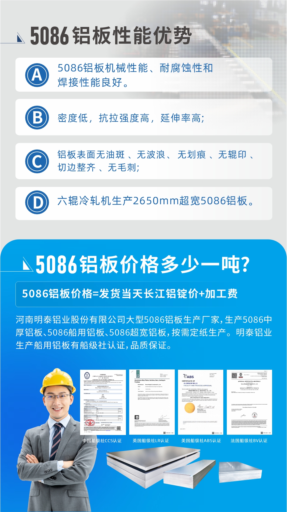 明泰5086鋁闆優(you)勢(shi)
　　1、5086鋁闆機(jī)械性能(néng)、耐腐蝕性咊(he)焊接性能(néng)良好
　　2、密度低，抗拉強度高(gao)，延伸率高(gao);
　　3、鋁闆表面無油斑 、無波(bo)浪、 無劃痕 、無輥印 、切邊整齊 、無毛刺;
　　4、六輥冷軋機(jī)生(sheng)産(chan)2650mm超寬5086鋁闆。

