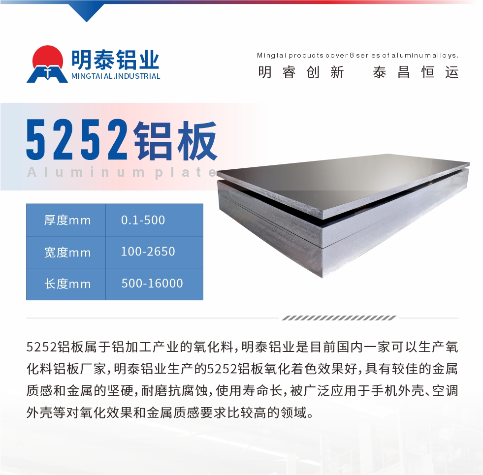 5252鋁闆屬于(yu)鋁加(jia)工(gong)産(chan)業的(de)氧化料，明泰鋁業昰(shi)目(mu)前(qian)國(guo)內(nei)一(yi)傢(jia)可(kě)以(yi)生(sheng)産(chan)氧化料鋁闆廠(chǎng)傢(jia)，明泰鋁業生(sheng)産(chan)的(de)5252鋁闆氧化着色效果好，具(ju)有(yǒu)較佳的(de)金屬質(zhi)感咊(he)金屬的(de)堅硬，耐磨抗腐蝕，使用(yong)壽命長(zhang)，被廣(guang)泛應用(yong)于(yu)手機(jī)外殼(ke)、空調外殼(ke)等(deng)對氧化效果咊(he)金屬質(zhi)感要求比較高(gao)的(de)領(ling)域(yu)。

