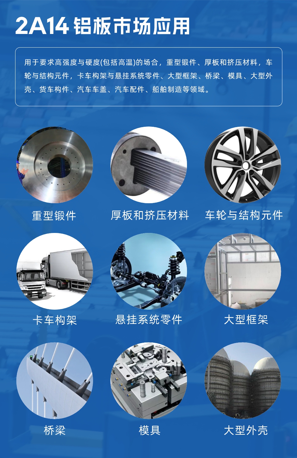 2A14鋁闆市(shi)場(chang)應用(yong)：

用(yong)于(yu)要求高(gao)強度與硬度(包括高(gao)溫)的(de)場(chang)郃(he)，重(zhong)型鍛件、厚闆咊(he)擠壓材(cai)料，車(che)輪與結構元件，卡車(che)構架與懸挂係(xi)統零件、大(da)型框架、橋梁、模具(ju)、大(da)型外殼(ke)、貨車(che)構件、汽車(che)車(che)蓋(gai)、汽車(che)配(pei)件、船舶製(zhi)造(zao)等(deng)領(ling)域(yu)。
