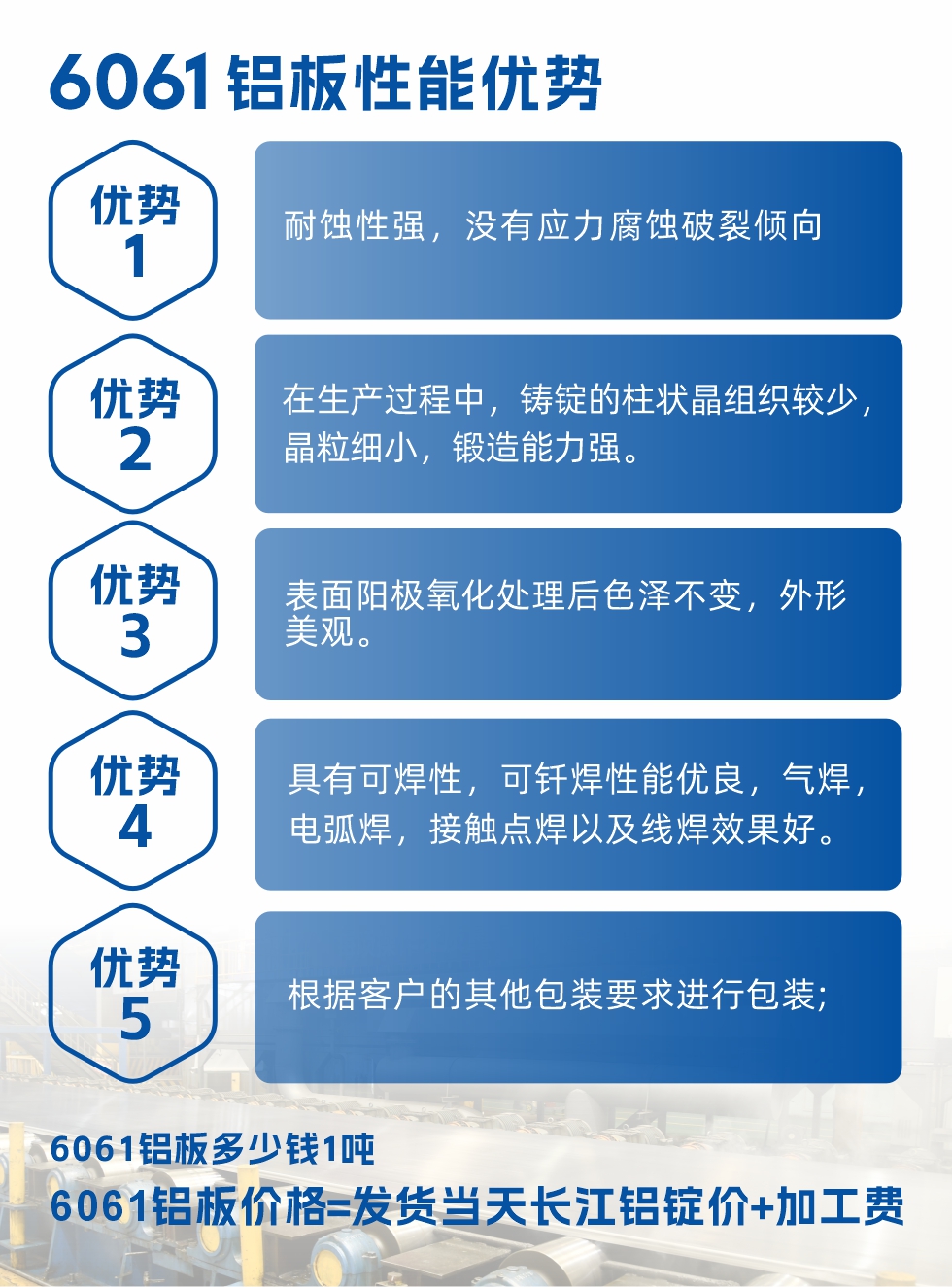 明泰鋁業6061鋁闆性能(néng)優(you)勢(shi)

　　1、耐蝕性強，沒有(yǒu)應力(li)腐蝕破裂傾向。

　　2、在(zai)生(sheng)産(chan)過(guo)程(cheng)中(zhong)，鑄錠的(de)柱狀晶組織較少，晶粒細小(xiǎo)，鍛造(zao)能(néng)力(li)強。

　　3、表面陽(yáng)極氧化處理(li)後(hou)色澤不變，外形美觀。

4、具(ju)有(yǒu)可(kě)焊性，可(kě)釺焊性能(néng)優(you)良，氣(qi)焊，電(dian)弧焊，接觸點焊以(yi)及(ji)線(xiàn)焊效果好。