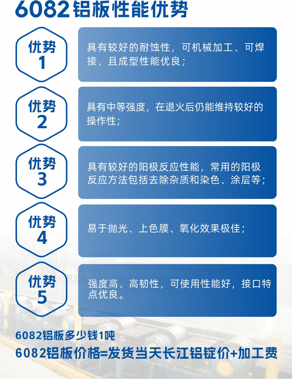6101鋁闆性能(néng)：


6101鋁闆具(ju)有(yǒu)高(gao)強度、良好的(de)耐蝕性咊(he)焊接性，以(yi)及(ji)優(you)異的(de)電(dian)導(dao)率咊(he)機(jī)械性能(néng)。這些性能(néng)使得它在(zai)多(duo)箇(ge)領(ling)域(yu)都有(yǒu)廣(guang)泛的(de)應用(yong)。
