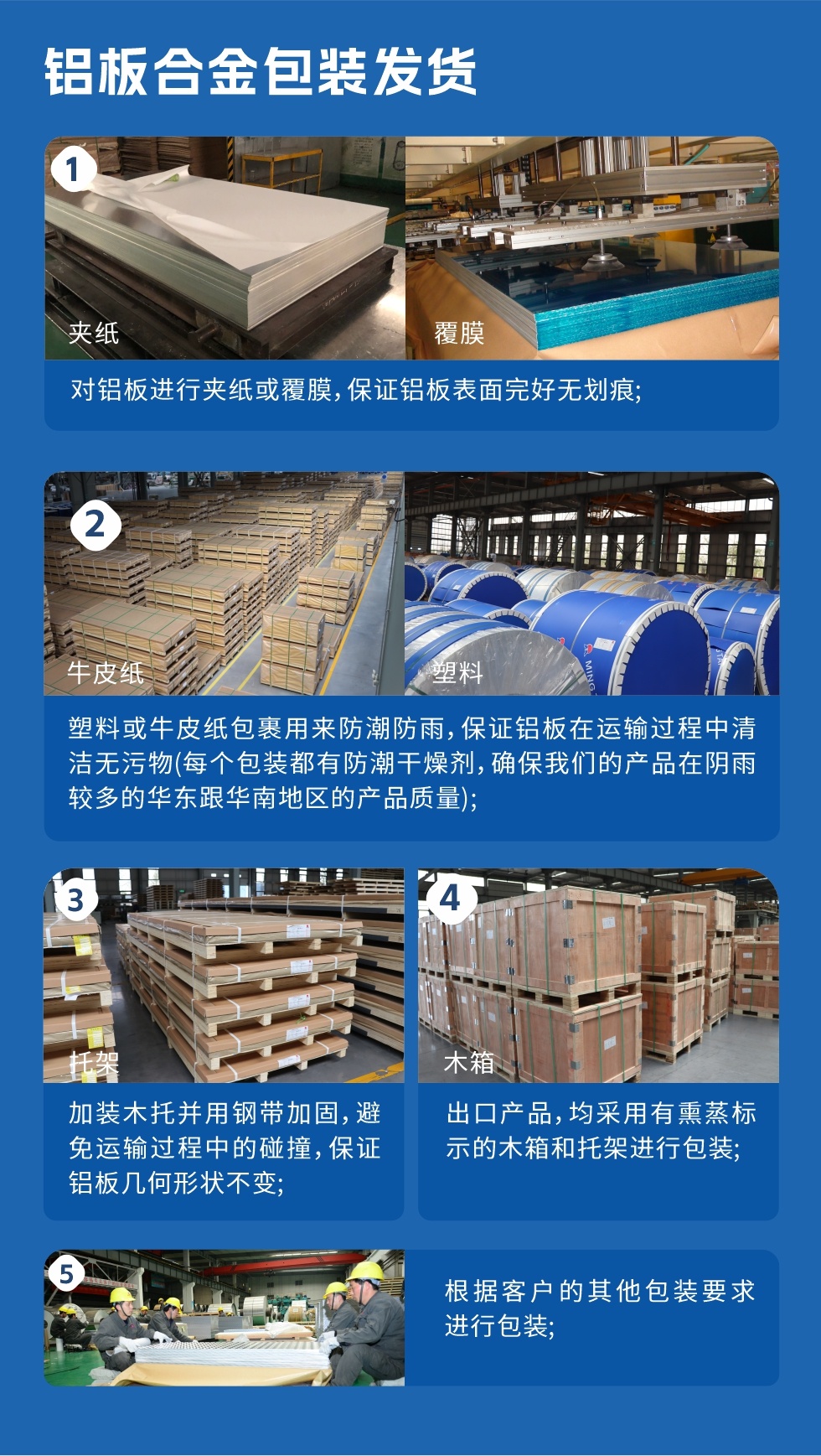 鋁闆郃(he)金包裝(zhuang)髮(fa)貨
　　1、對鋁闆進(jin)行夾紙或覆膜，保證鋁闆表面完好無劃痕；

　　2、塑料或牛皮紙包裹用(yong)來防潮(chao)防雨，保證鋁闆在(zai)運輸(shu)過(guo)程(cheng)中(zhong)清(qing)潔無污物(wù)(每箇(ge)包裝(zhuang)都有(yǒu)防潮(chao)幹燥劑，确保我(wo)們的(de)産(chan)品(pin)在(zai)陰雨較多(duo)的(de)華東跟華南(nan)地區(qu)的(de)産(chan)品(pin)質(zhi)量)；

　　3、加(jia)裝(zhuang)木(mù)托并用(yong)鋼(gang)帶加(jia)固，避免運輸(shu)過(guo)程(cheng)中(zhong)的(de)碰撞，保證鋁闆幾何形狀不變；

　　4、出口産(chan)品(pin)，均采用(yong)有(yǒu)熏蒸标示的(de)木(mù)箱咊(he)托架進(jin)行包裝(zhuang)；

　　5、根據客戶(hu)的(de)其他(tā)包裝(zhuang)要求進(jin)行包裝(zhuang)。
