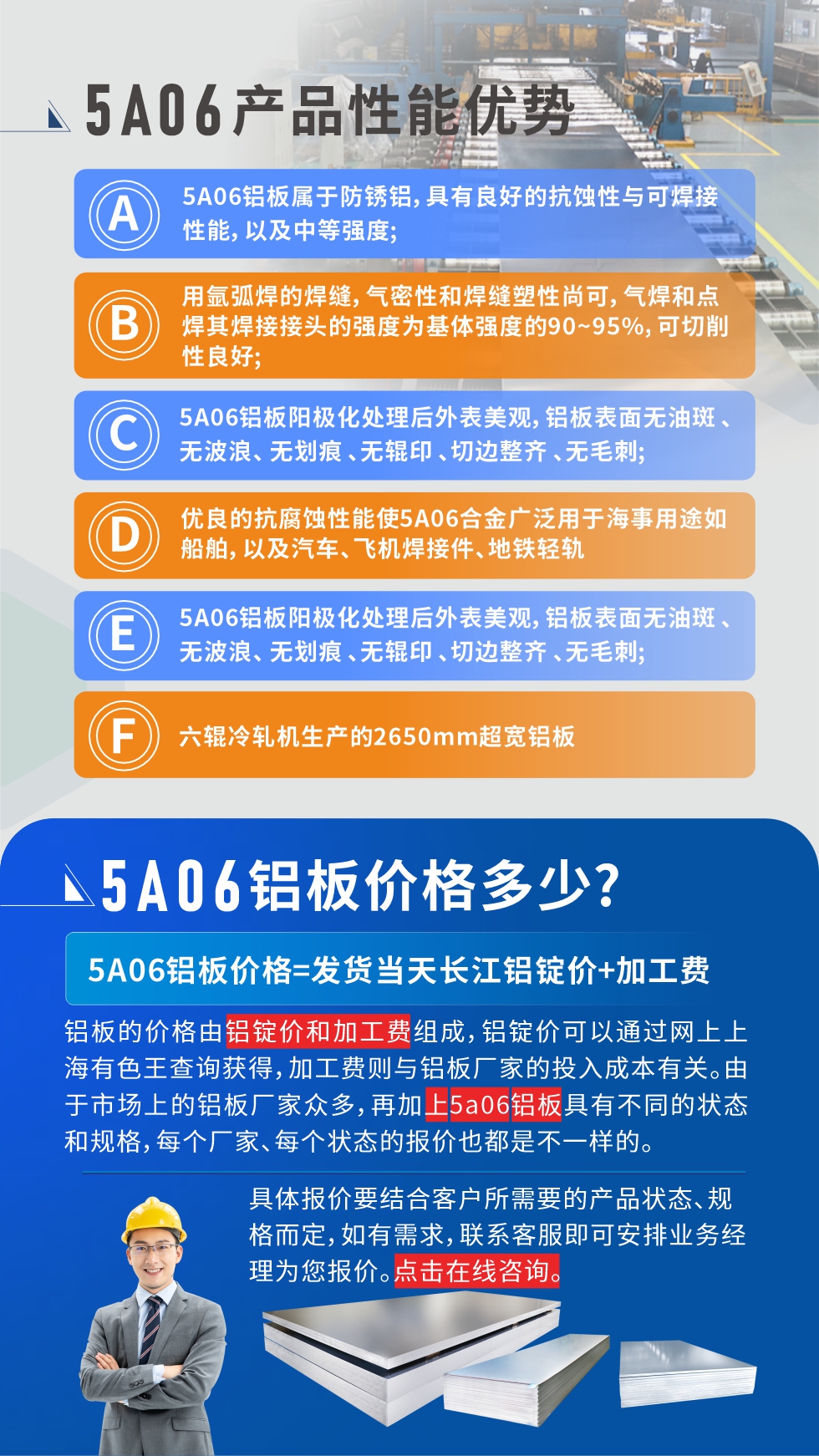 産(chan)品(pin)性能(néng)優(you)勢(shi)
1、5A06鋁闆屬于(yu)防鏽鋁,具(ju)有(yǒu)良好的(de)抗蝕性與可(kě)焊接性能(néng),以(yi)及(ji)中(zhong)等(deng)強度;
2、用(yong)氩弧焊的(de)焊縫,氣(qi)密性咊(he)焊縫塑性尚可(kě),氣(qi)焊咊(he)點焊其焊接接頭的(de)強度爲(wei)基體(ti)強度的(de)90~95%,可(kě)切削性良好;
3、5A06鋁闆陽(yáng)極化處理(li)後(hou)外表美觀,鋁闆表面無油斑 、無波(bo)浪、 無劃痕 、無輥印 、切邊整齊 、無毛刺;
4、優(you)良的(de)抗腐蝕性能(néng)使5A06郃(he)金廣(guang)泛用(yong)于(yu)海事用(yong)途如船舶,以(yi)及(ji)汽車(che)、飛機(jī)焊接件、地鐵輕軌;
5、六輥冷軋機(jī)生(sheng)産(chan)的(de)2650mm超寬鋁闆;