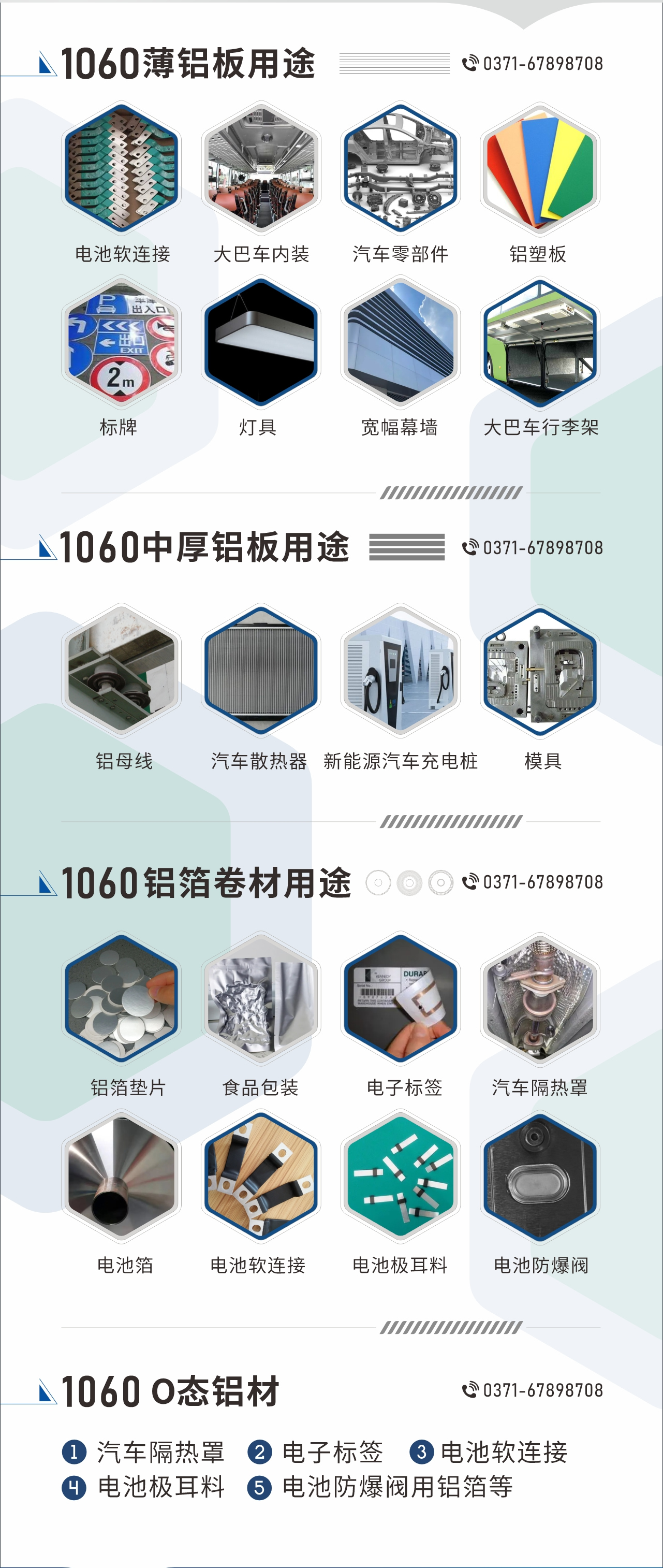 1060鋁闆卷用(yong)途
　　1060鋁薄闆用(yong)途： 電(dian)池軟連接、大(da)巴車(che)內(nei)裝(zhuang)、汽車(che)零部(bu)件、鋁塑闆、标牌、燈具(ju)、寬幅幕牆、大(da)巴車(che)行李架/地闆/花(huā)紋闆(宇通(tong)公(gōng)司使用(yong))等(deng);1060中(zhong)厚鋁闆用(yong)途：鋁母線(xiàn)、汽車(che)散熱器(qi)、新(xin)能(néng)源汽車(che)充電(dian)樁、模具(ju)等(deng);1060鋁箔卷材(cai)用(yong)途：鋁箔墊片、食品(pin)包裝(zhuang)、電(dian)子(zi)标簽、汽車(che)隔熱罩用(yong)鋁箔、電(dian)池箔、電(dian)池軟連接、電(dian)池極耳料、電(dian)池防爆閥等(deng);1060-O态鋁材(cai)用(yong)途：汽車(che)隔熱罩、電(dian)子(zi)标簽、電(dian)池軟連接、電(dian)池極耳料、電(dian)池防爆閥用(yong)鋁箔等(deng);1060鋁闆多(duo)少錢1噸.1060鋁闆價格=髮(fa)貨當天長(zhang)江(jiang)鋁錠價+加(jia)工(gong)費