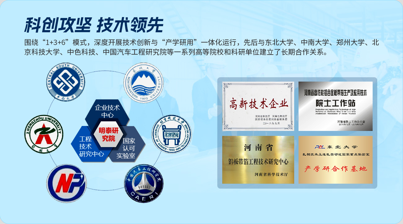 科(ke)創攻堅 技(ji)術(shù)領(ling)先(xian),圍繞“1+3+6”模式(shi)，深度開展(zhan)技(ji)術(shù)創新(xin)與“産(chan)學(xué)研用(yong)”一(yi)體(ti)化運行，先(xian)後(hou)與東北大(da)學(xué)、中(zhong)南(nan)大(da)學(xué)、鄭州大(da)學(xué)、北京科(ke)技(ji)大(da)學(xué)、中(zhong)色科(ke)技(ji)、中(zhong)國(guo)汽車(che)工(gong)程(cheng)研究院等(deng)一(yi)係(xi)列高(gao)等(deng)院校咊(he)科(ke)研單(dan)位建(jian)立了(le)長(zhang)期郃(he)作(zuò)關係(xi)。